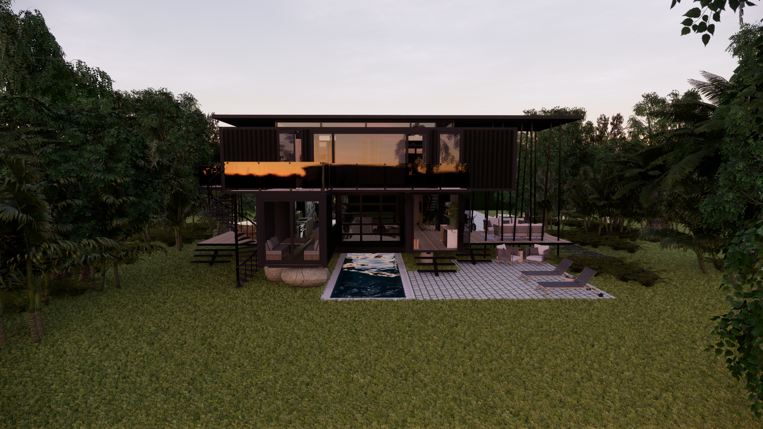 a 3d rendering of a modern house in the woods made from shipping containers  in ubud bali